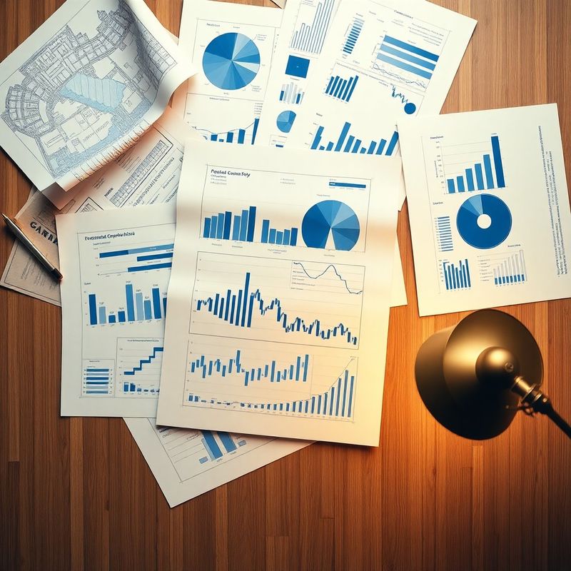 Plan financiar structurat, documente și hărți patrimoniale în palete indigo și crem