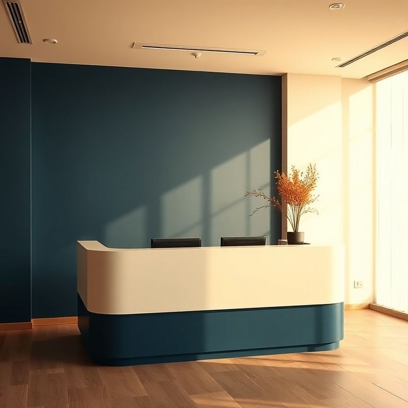 Recepție minimalistă cu accente indigo și crem într-un birou din București
