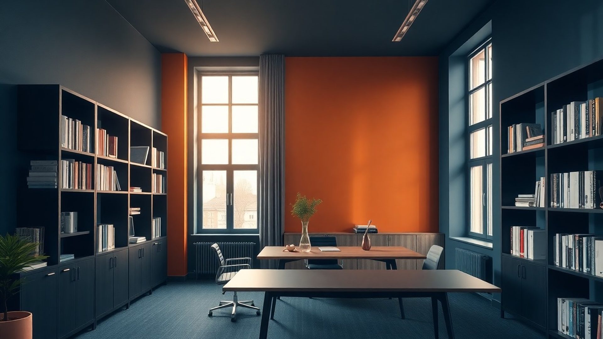 Interior modern de birou în București, cu accente indigo și lumină caldă
